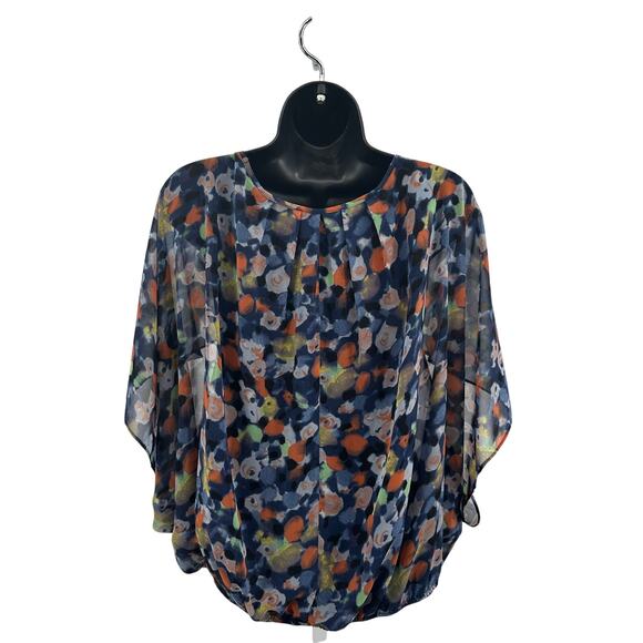 Eclair Printed Overlay Poncho Blouse Womens XS Navy #TS6587-03 Scoop Lined Pleat - Picture 4 of 6
